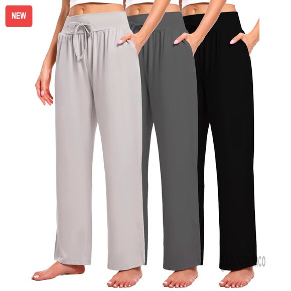 Pants - 3 Pack High Waisted Wide Leg Yoga Sweatpants with Pockets Drawstring Lounge